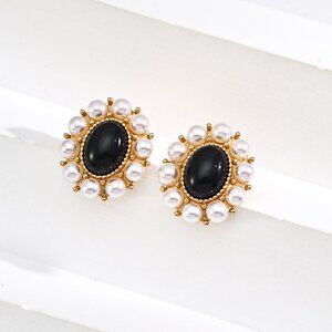 ✨ Artisan Original Design Vintage Black Agate & Pearl Halo Stud Earrings | S925